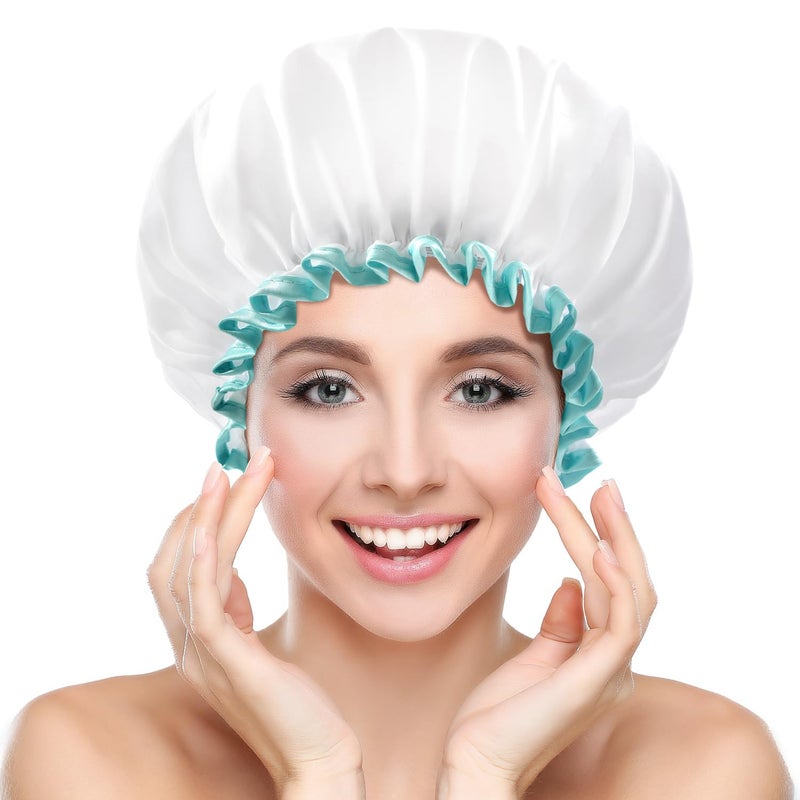mikimini Shower Cap for Women and Girls,Reusable,Waterproof, Washable, Cute and Soft,White - Image 1